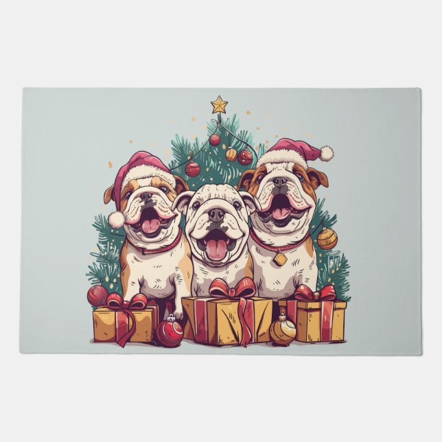 Christmas English Bulldog Santa Hats Doormat (Front)
