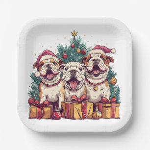 Christmas English Bulldog Santa Hats Paper Plates
