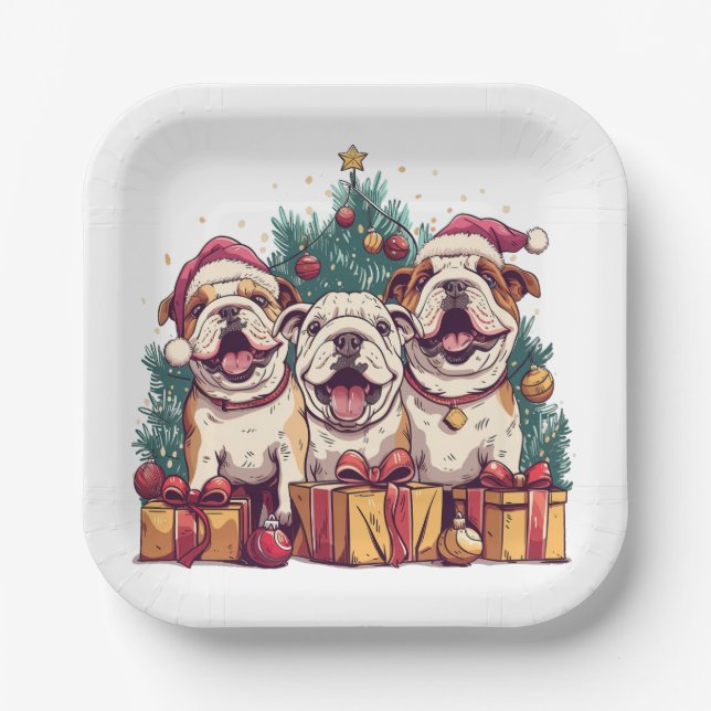 Christmas English Bulldog Santa Hats Paper Plates (Front)