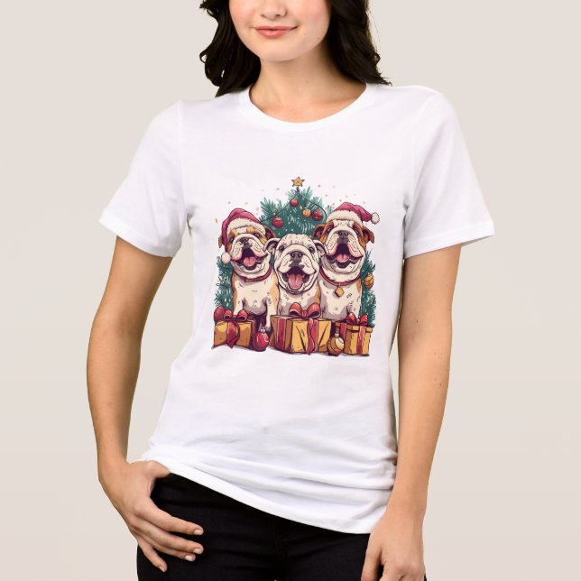 Christmas English Bulldog Santa Hats Tri-Blend Shirt (Front)