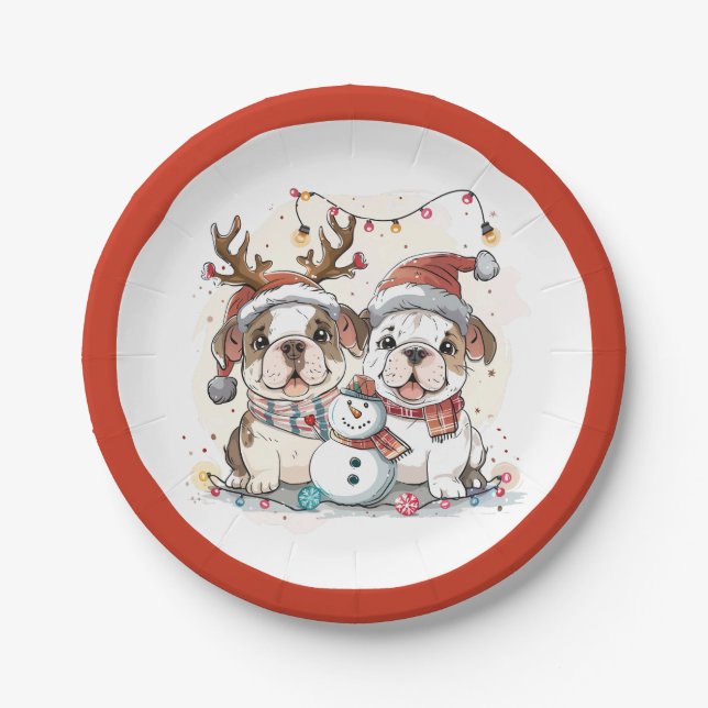 Christmas English Bulldogs Paper Plates (Front)