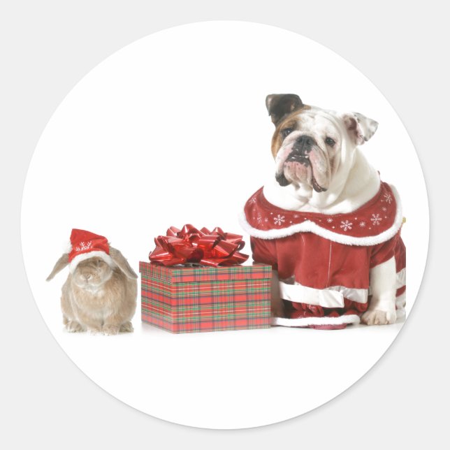 CHRISTMAS ENVELOPE STICKER BULLDOG AND BUNNY (Front)