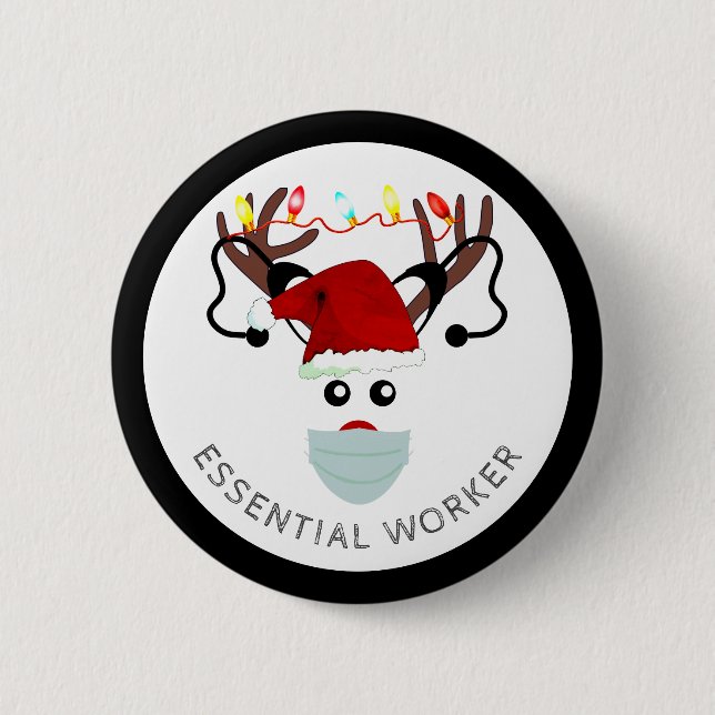 Christmas Essential Worker Reindeer In Face Mask Button (Front)
