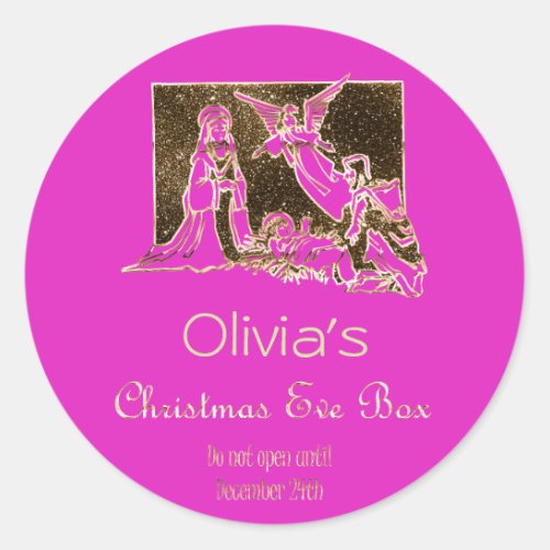 Christmas Eve Box Nativity Hot Pink Faux Gold Text Classic Round Sticker