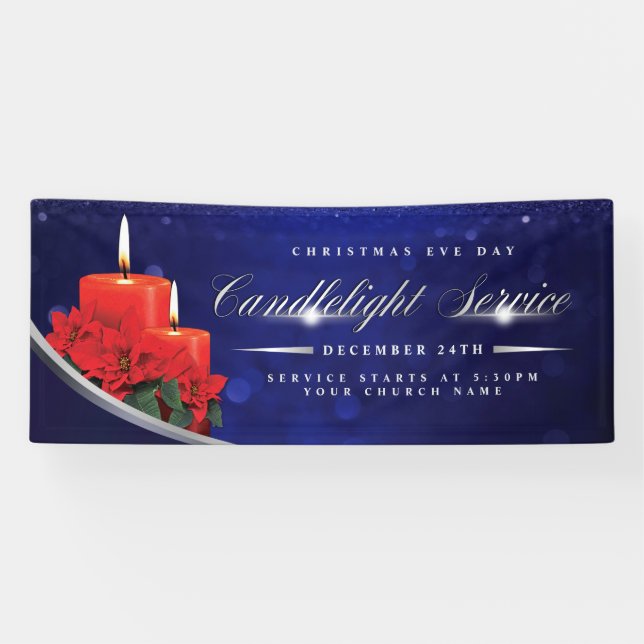 Christmas Eve Candlelight Poinsettia Blue Church Banner (Horizontal)