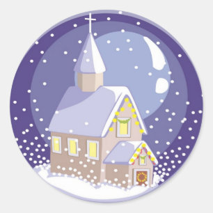 Christmas Eve Church Snow Covered Classic Round Sticker