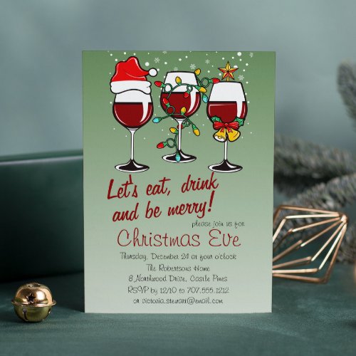 Christmas Eve Dinner Drinks Cocktails Wine Glasses Invitation