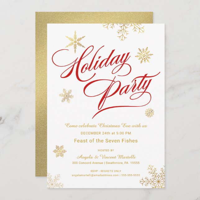 Christmas Eve Dinner Party Elegant Red & Gold Invitation (Front/Back)