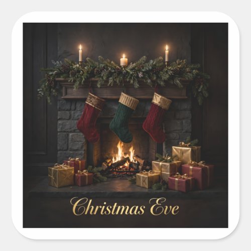 Christmas Eve Fireplace Square Sticker