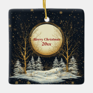 Christmas Eve Full Moon Pine Trees Snow Ceramic Ornament