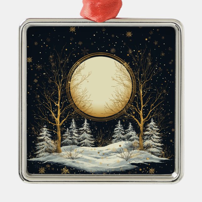Christmas Eve Full Moon Pine Trees Snow Metal Ornament (Front)