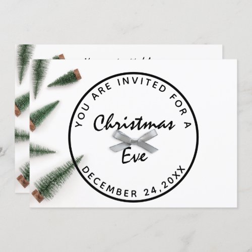 Christmas Eve Holiday Dinner White Green Gray Bow Invitation