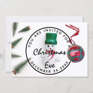 Christmas Eve Holiday Dinner White Green Snowman Invitation