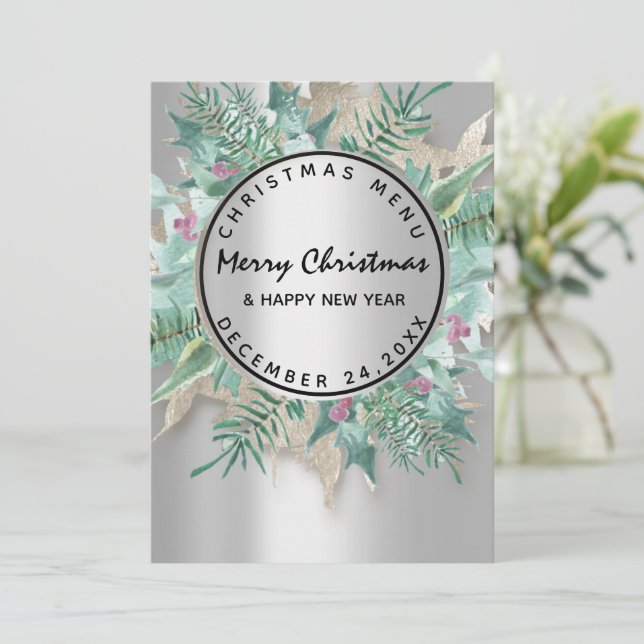 Christmas Eve Holiday Winter Menu Silver Floral (Standing Front)