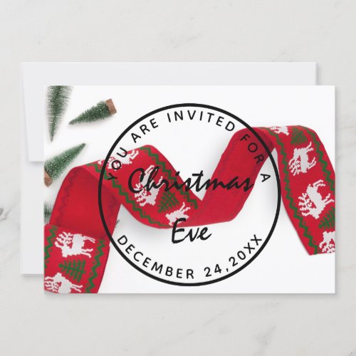 Christmas Eve Holidays Dinner White Green Ribbon Invitation