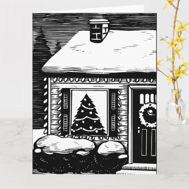 Christmas Eve House Tree in Window Black & White Card (Yellow Flower)