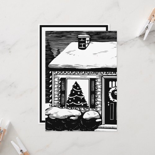Christmas Eve House Tree in Window Black  White Card