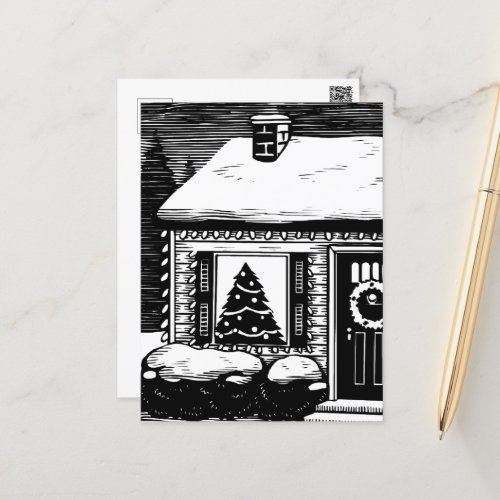 Christmas Eve House Tree in Window Black  White Postcard