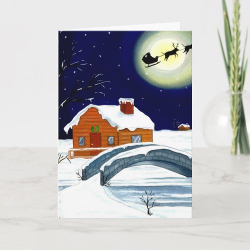 Christmas Eve Moon Log Cabin Santa Sleigh Reindeer Holiday Card