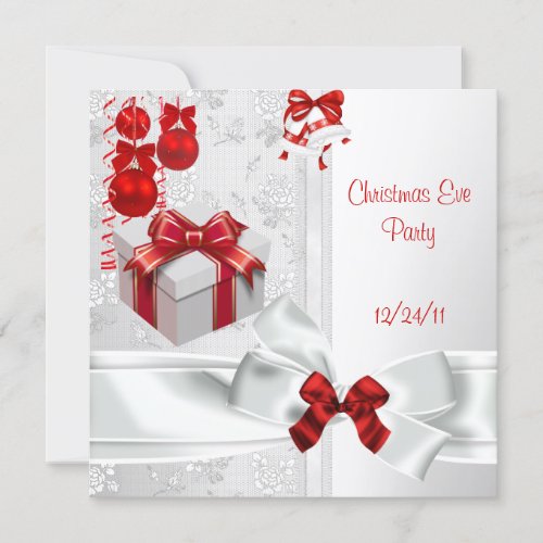 Christmas Eve Party Elegant Lace White Red Ribbon Custom Announcements