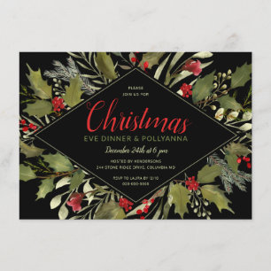 Christmas Eve Party Watercolor Vintage Holly Invitation
