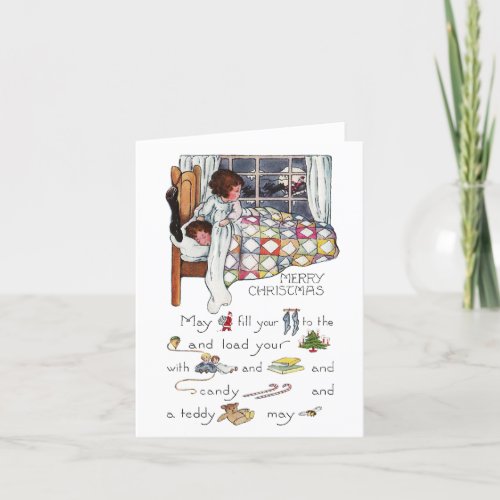 Christmas Eve Rebus with Girls Under Quilt Holiday Card