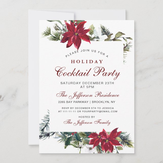 Christmas EVE Red Poinsettia Floral Watercolor Invitation (Front)
