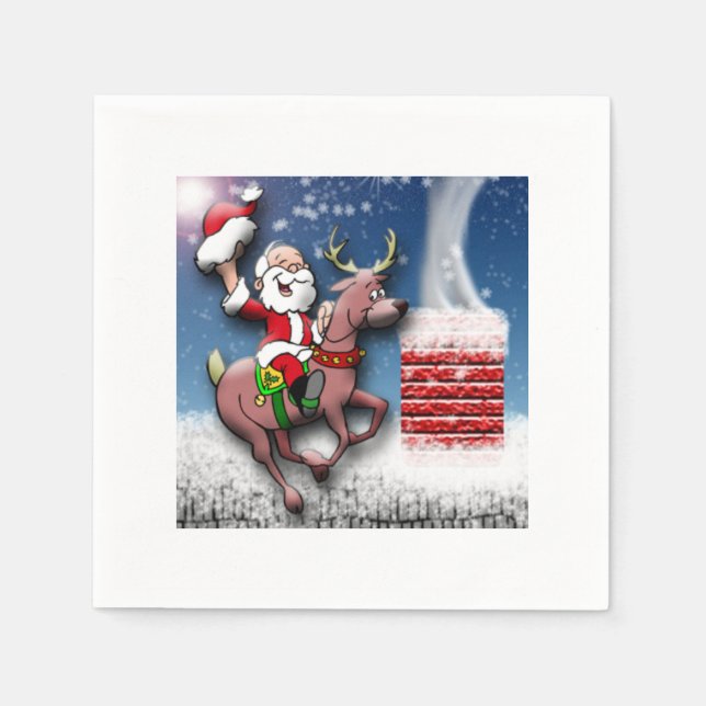 Christmas Eve Santa Reindeer Snowy Rooftop Chimney Paper Napkins (Front)