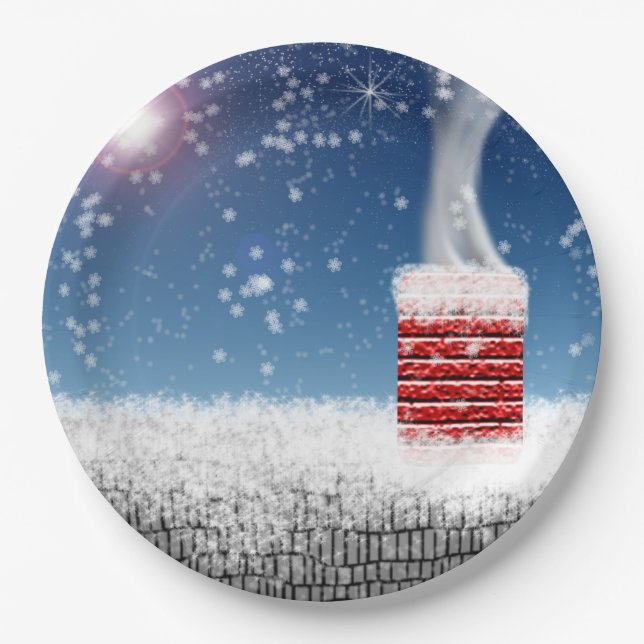 Christmas Eve Snowy Winter Chimney Rooftop Paper Plates (Front)