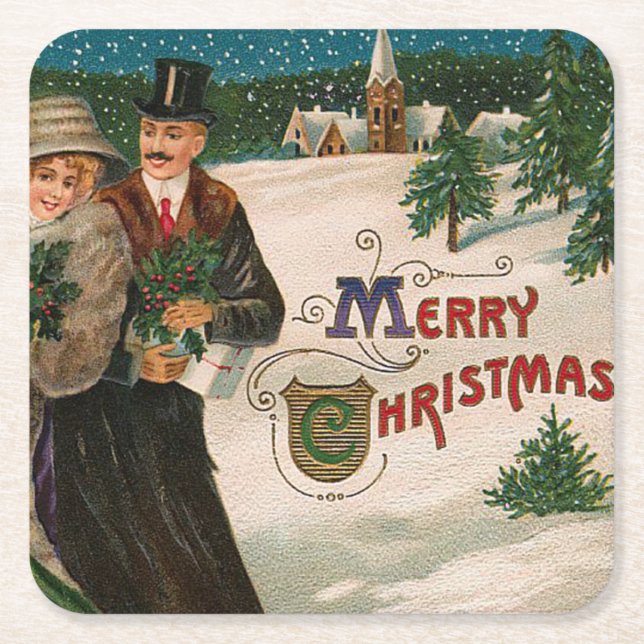 Christmas Eve Walk Christmas Square Paper Coaster (Front)