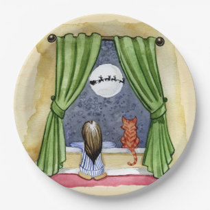 Christmas Eve Watercolor Cute Child & Kitty Cat Paper Plates