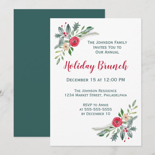 Christmas Event Winter Florals & Holly Invitation (Front/Back)