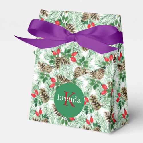Christmas evergreen and pinecones pattern favor boxes