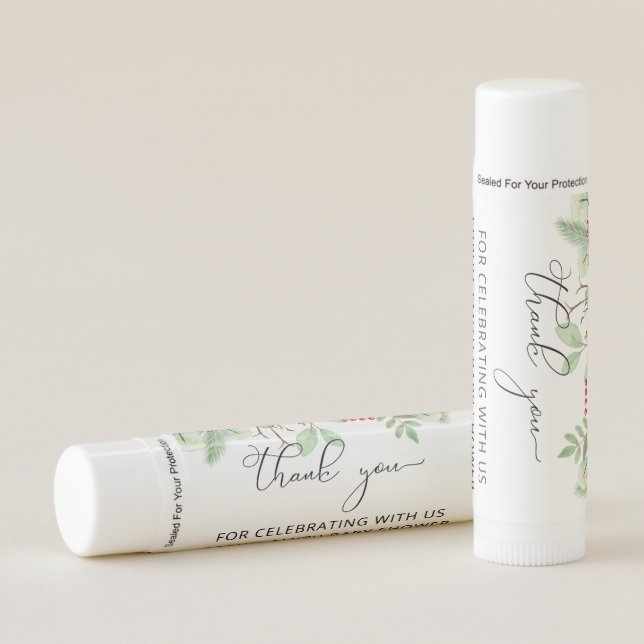 Christmas evergreen baby shower lip balm favor (Front)