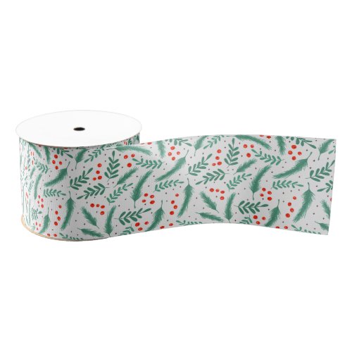 Christmas Evergreen Boughs and Holly Berries Grosgrain Ribbon