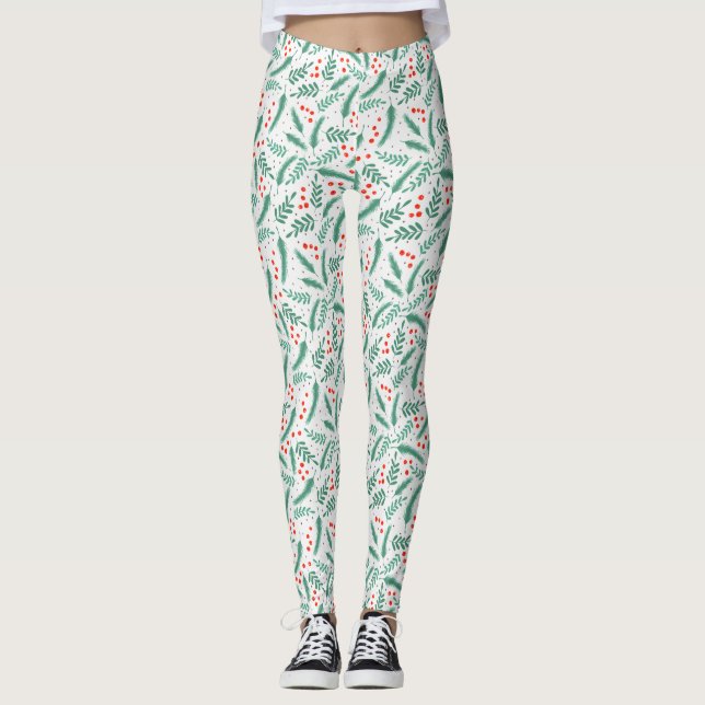 Christmas Evergreen Boughs and Holly Berries Leggings (Front)