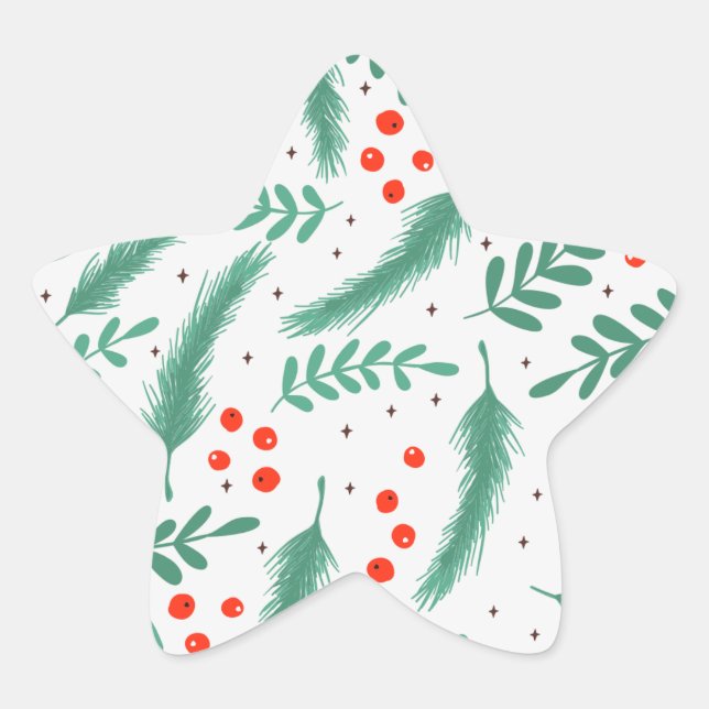 Christmas Evergreen Boughs and Holly Berries Star Sticker (Front)