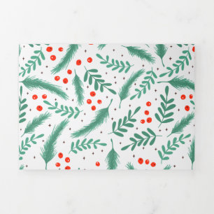 Christmas Evergreen Boughs and Holly Berries Tri-Fold Holiday Card