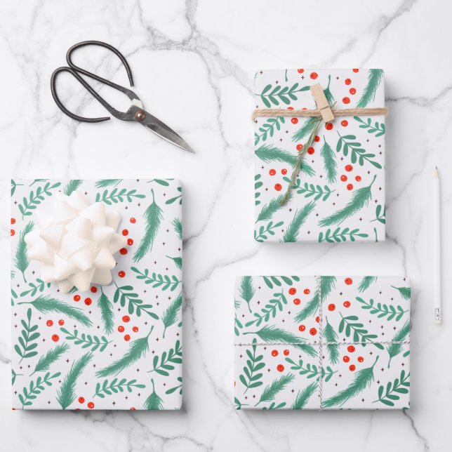 Christmas Evergreen Boughs and Holly Berries Wrapping Paper Sheets (Front)