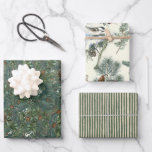 Christmas Evergreen Branches Pinecone Bird Stripe  Wrapping Paper Sheets<br><div class="desc">A wrapping paper set for nature lovers. The first wrapping paper sheet is a collage of dense evergreen branches which includes pine, spruce, yew, fir, and juniper needles. On the second paper, the French expression "Joyeux Noel" and "Merry Christmas" are interspersed with evergreen branches and pinecones, with a chickadee songbird...</div>