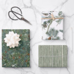 Christmas Evergreen Branches Pinecone Bird Stripe  Wrapping Paper Sheets<br><div class="desc">A wrapping paper set for nature lovers. The first wrapping paper sheet is a collage of dense evergreen branches which includes pine, spruce, yew, fir, and juniper needles. On the second paper, the French expression "Joyeux Noel" and "Merry Christmas" are interspersed with evergreen branches and pinecones, with a chickadee songbird...</div>