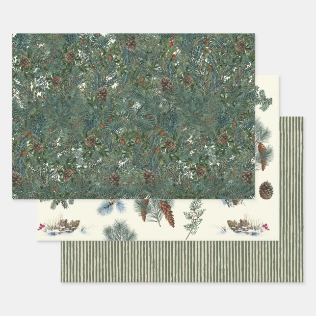Christmas Evergreen Branches Pinecone Bird Stripe  Wrapping Paper Sheets (Set)