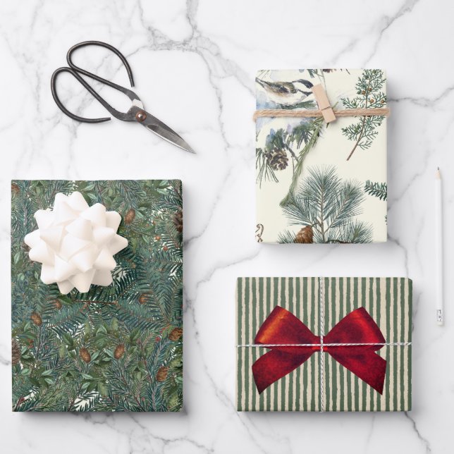 Christmas Evergreen Branches Pinecone Bird Stripe Wrapping Paper Sheets (Front)