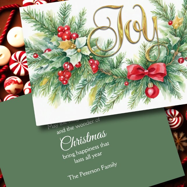 Christmas Evergreen Garland Bows Red Berries Holiday Card (Creator Uploaded)