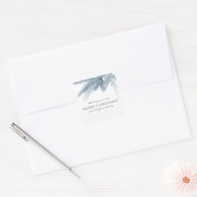 Christmas evergreen gray green winter foliage square sticker (Envelope)