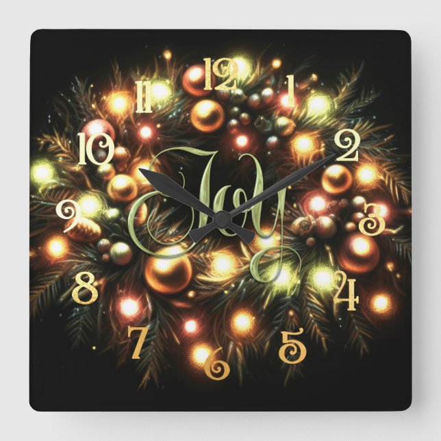 Christmas Evergreen Lighted Wreath Joy Square Wall Clock (Front)