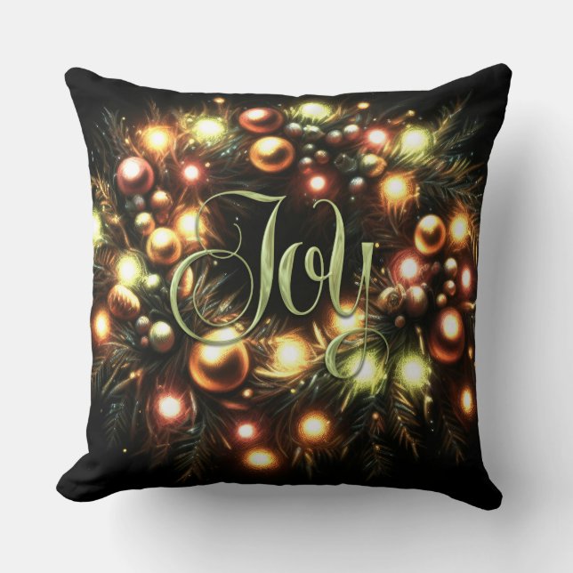 Christmas Evergreen Lighted Wreath Joy Throw Pillow (Front)