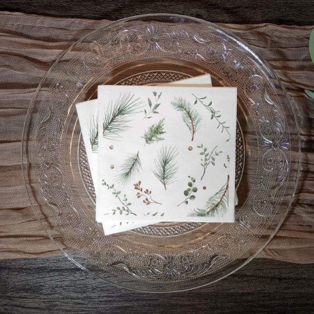 Christmas Evergreen Pine Trees Woods Cabin Napkins (Elegant modern simple Christmas party napkins or business holiday party napkins with evergreen sprig)