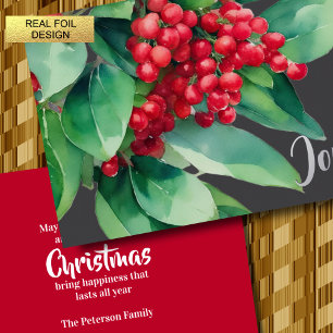 Christmas Evergreen Red Berries Foil Holiday Card