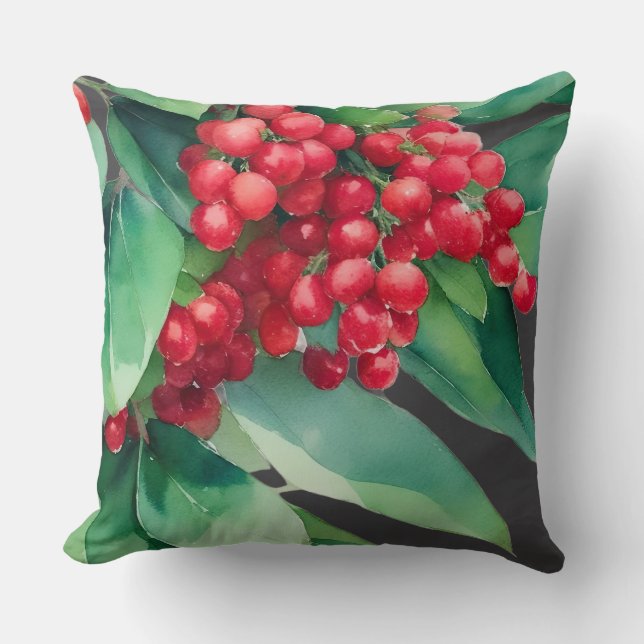 Christmas Evergreen Red Berries Throw Pillow (Front)
